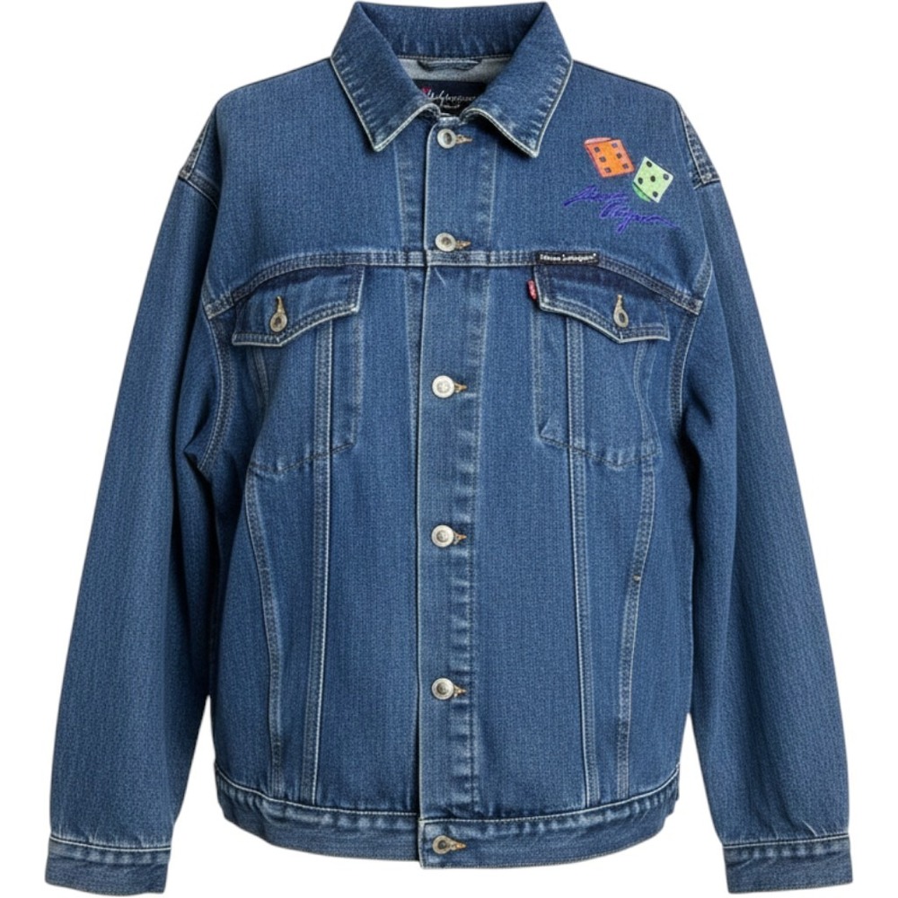 Vintage Blue League Button‎ Jean Jacket Solid Blue Size XL W/ Las Vegas Dice